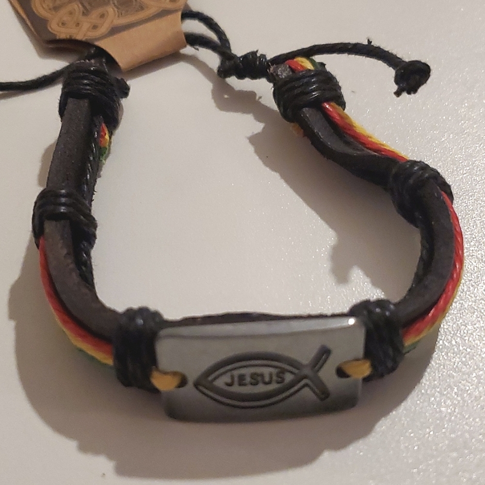 JESUS ADJUSTABLE LEATHER AND CORDED BRACELET